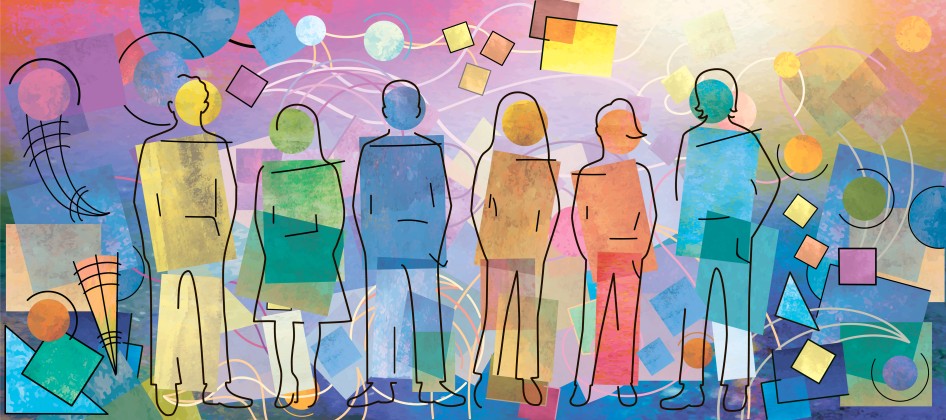 Illustration of group of people on rainbow background